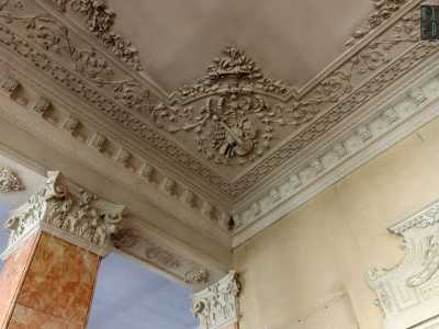 Notiamo una cornice perimetrale a pi� fasce con ghirlande, ceste e fronde vegetali interrotta, ai quattro angoli, da raffigurazioni di strumenti musicali